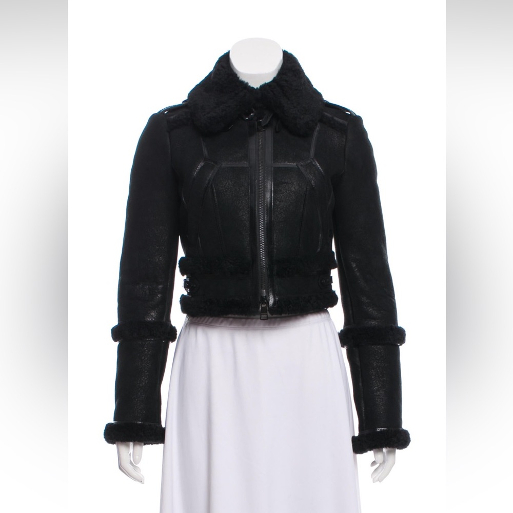 Black Burberry shearling moto jacket with spread collar